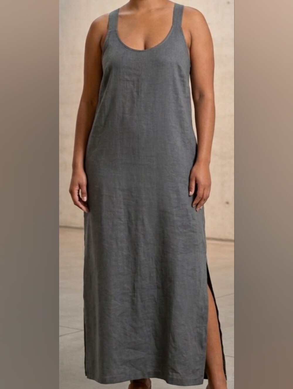 Limited America 100% Linen Cross Back Maxi Dress Size 14 Gray Side Slits
